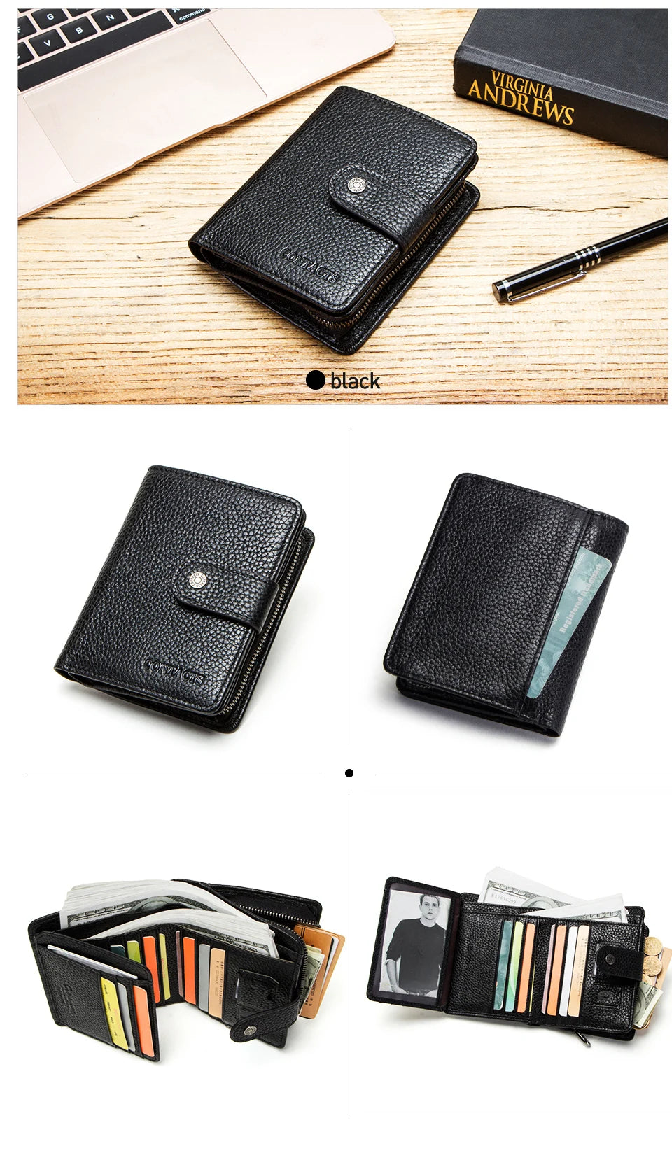 Women's Genuine Leather Wallet Large Capacity Fashion Black