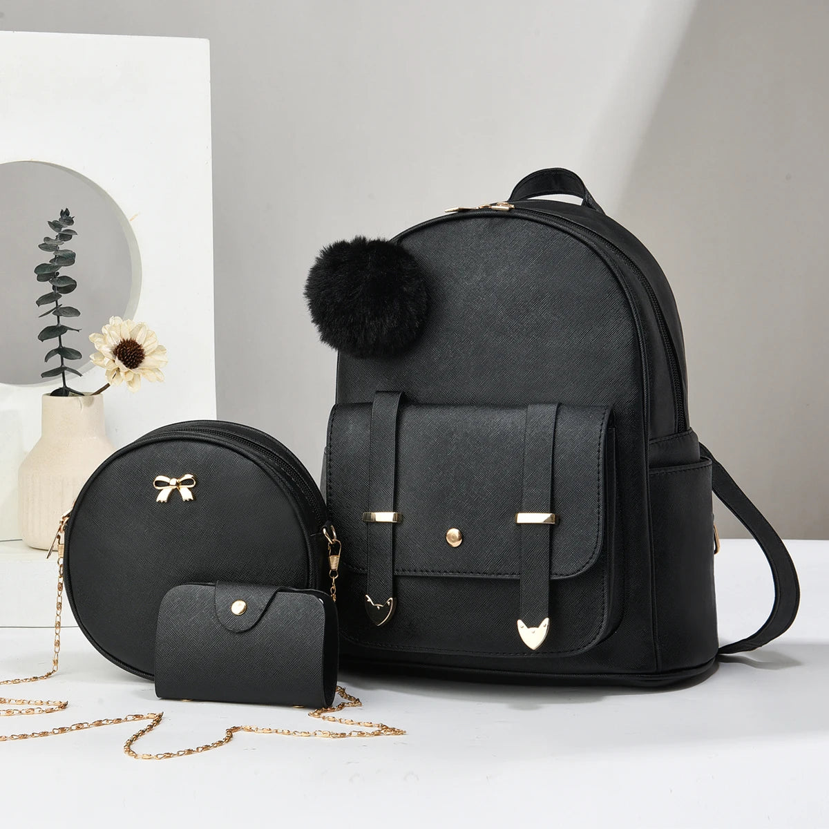 Minimalist Women's Backpack With Square Purse Black