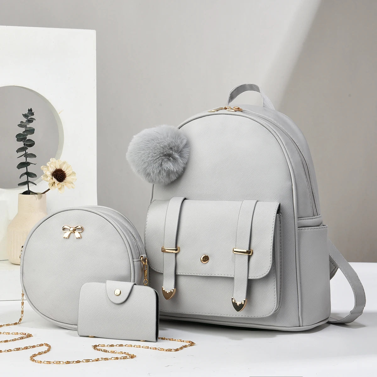 Minimalist Women's Backpack With Square Purse Gray