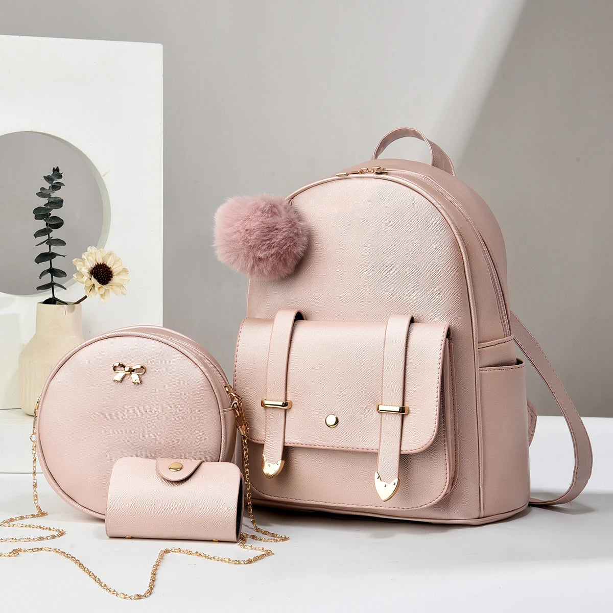 Minimalist Women's Backpack With Square Purse Pink