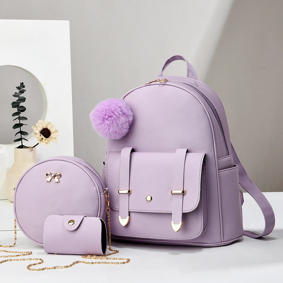 Minimalist Women's Backpack With Square Purse Purple