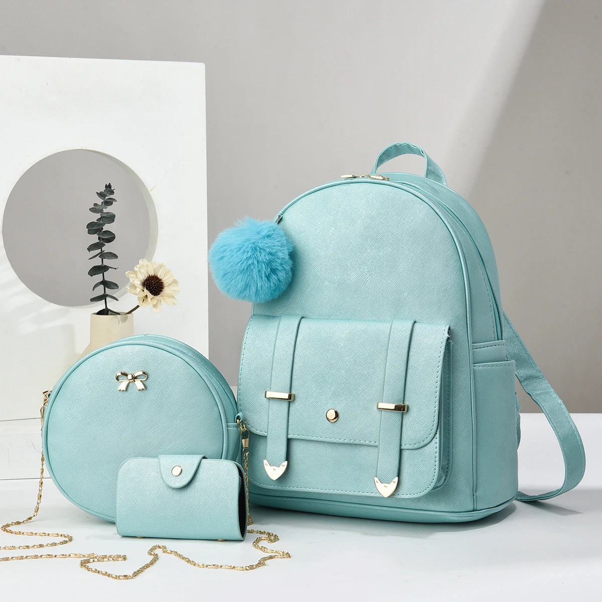Minimalist Women's Backpack With Square Purse Blue