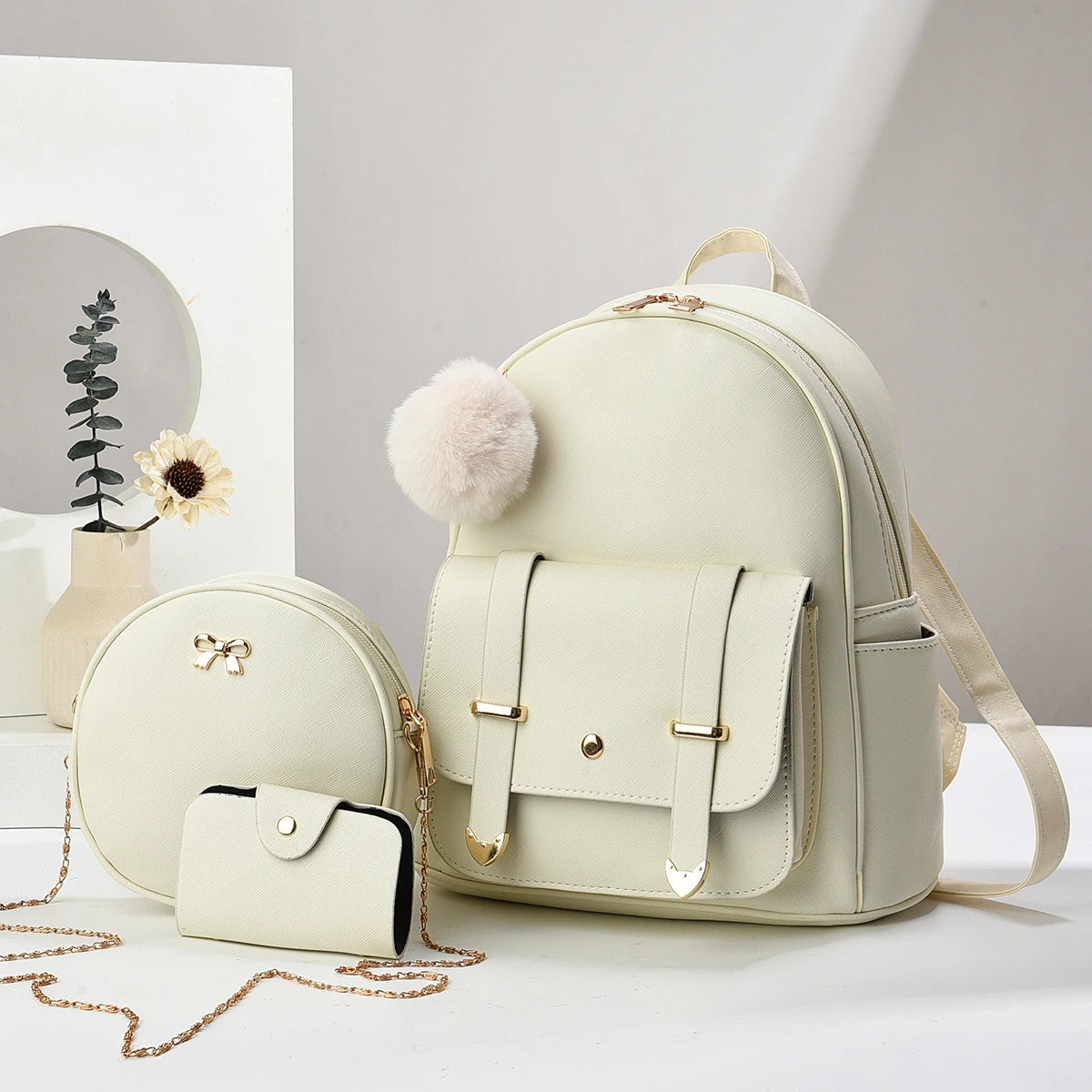Minimalist Women's Backpack With Square Purse White
