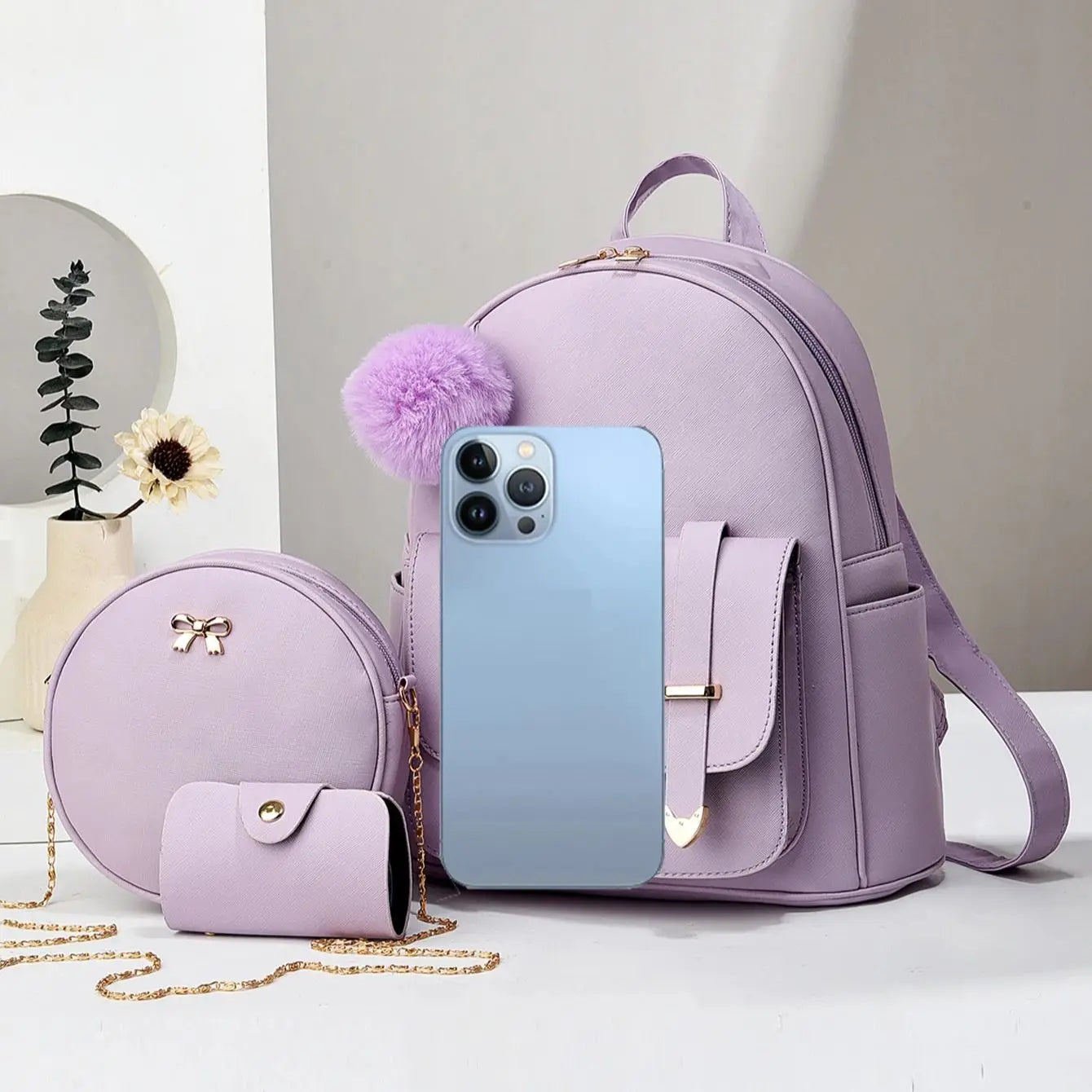 Minimalist Women's Backpack With Square Purse Blue