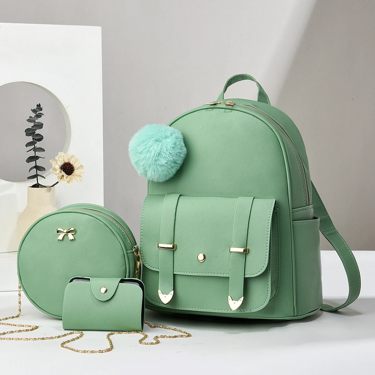 Minimalist Women's Backpack With Square Purse Green